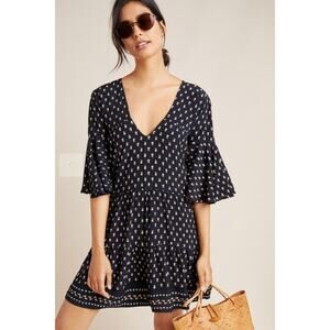 Faithfull the Brand x Anthropologie Black Floral Mini Dress Boho Bell Sleeve